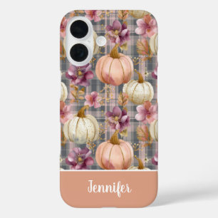 Kürbis und Blumen im Karomuster iPhone 16 Hülle