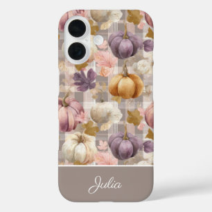 Kürbis und Blumen im Karomuster iPhone 16 Hülle