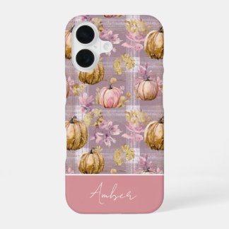 Kürbis und Blumen im Karomuster iPhone 16 Hülle