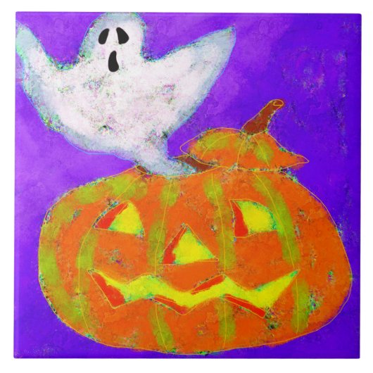 Kürbis und Geist Abstract Halloween Kunst Fliese (Vorderseite)