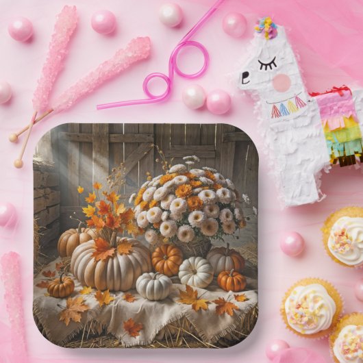 Kürbis und Mums im Herbst in einer Scheune Pappteller (Party)