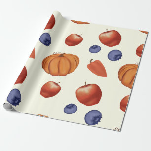 Kürbis und Pfeffer ernten, Beeren und Äpfel.  Geschenkpapier