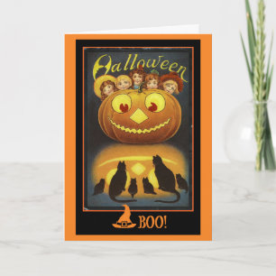 Kürbis und schwarze Katzen Vintage Halloween  Karte