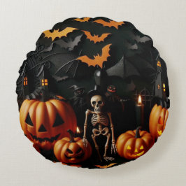 Kürbis und Skelett Rundes Kissen