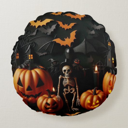 Kürbis und Skelett Rundes Kissen (Vorderseite)