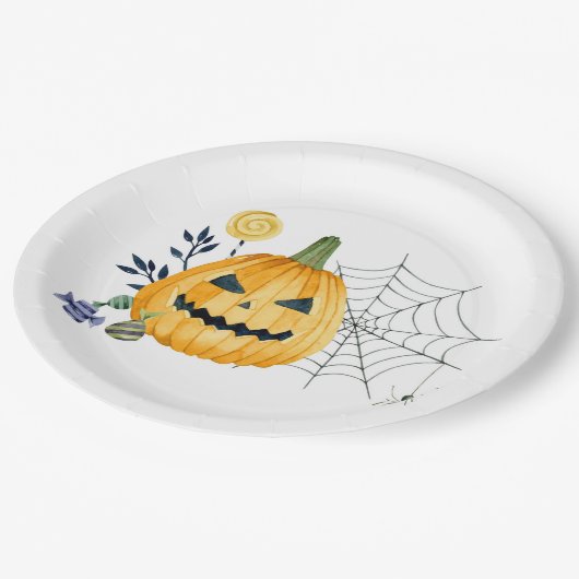 Kürbis und Spinnennetz Pappteller (Schrägansicht)