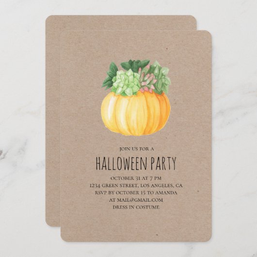 Kürbis und Sukkulente. Halloween-Party. Rustikal Einladung (Vorne/Hinten)