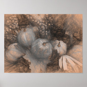 Kürbis Vintage Antik Sepia Grau Herbst Skizze Kuns Poster