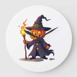 Kürbis-Zauberer � Magisches Halloween-Zauberer-T-S Große Wanduhr