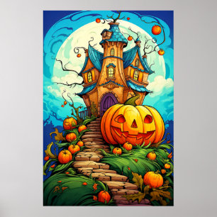 Kürbisbewachtes Halloween-Spuk Haus Poster