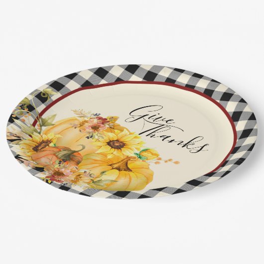 Kürbisblumen und Karo Erntedank Pappteller (Schrägansicht)