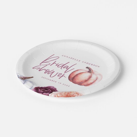 Kürbisblumenfall lila pfirsichfarbenes Brautparty Pappteller (Schrägansicht)