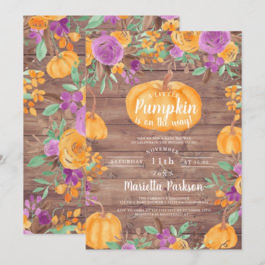 Kürbisblumenfall Wasserfarbenholzdusche Einladung (Vorne/Hinten)