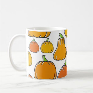Kürbisernte, saisonale Pflanzenmuster. Kaffeetasse