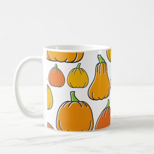 Kürbisernte, saisonale Pflanzenmuster. Kaffeetasse (Links)