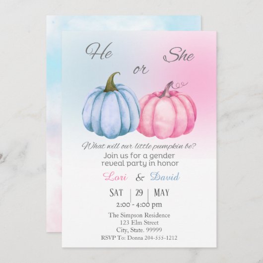 Kürbisfall-Genderoffenbarung Einladung (Vorne/Hinten)