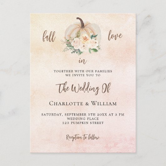 Kürbisfall in Liebe-Creme Blush Hochzeit Einladungspostkarte (Vorderseite)