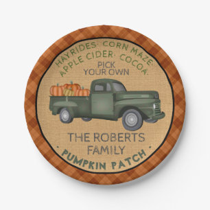 Kürbisfarm Rustikales Herbst Kariert Vintage-LKW Pappteller
