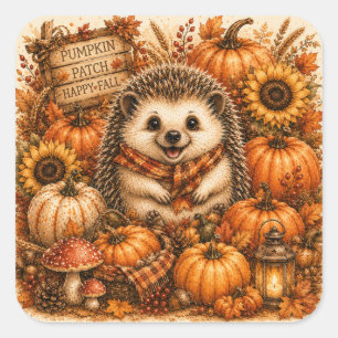 Kürbisfeld Süßer Herbst Igel Quadratischer Aufkleber