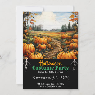Kürbisfeld und orange Blätter Schwarzes Halloween Einladung