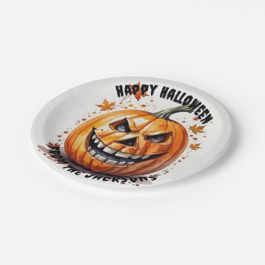 Kürbisfröhliches Halloween-Party Pappteller (Schrägansicht)