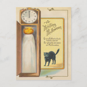Kürbisgeist-Schwarze-Katze-Uhr Postkarte