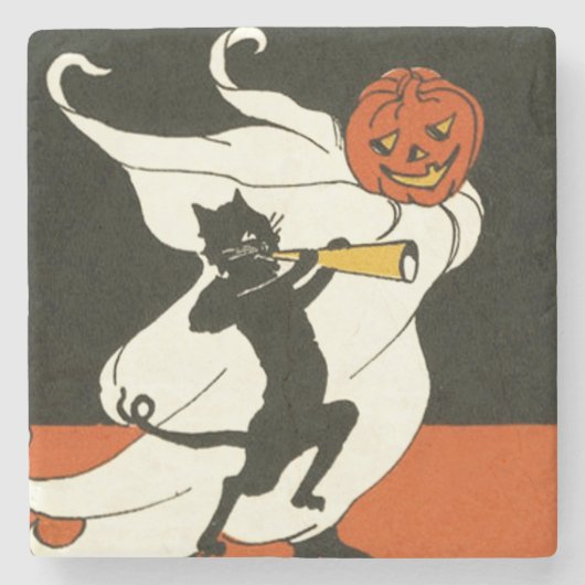 Kürbisgeisterschwarze Katze Horn Steinuntersetzer (Vorderseite)