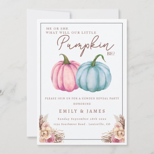 Kürbisgeschlecht offenbart Junge oder Mädchen Er o Einladung (Vorderseite)