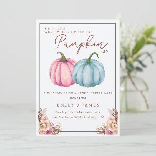 Kürbisgeschlecht offenbart Junge oder Mädchen Er o Einladung (Stehend Vorderseite)