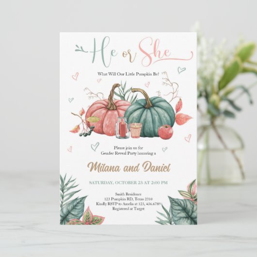 Kürbisgeschlecht offenbart rosa grüne Einladung (Stehend Vorderseite)