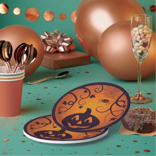 Kürbisgesicht und Spinne der Kürbislaterne Hallowe Pappteller (Multi)