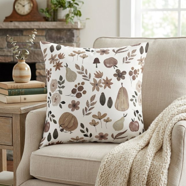 Kürbisgewächse und Blätter Kissen (Muted Autumn Harvest Pumpkins and Foliage Throw Pillow)