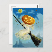 Kürbishexe fliegt auf einen Besen nachts Postkarte (Vorne/Hinten)
