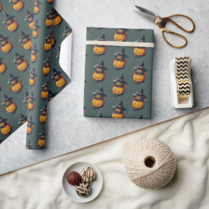 Kürbishexe im Katzenkostüm - Geschenkpapier