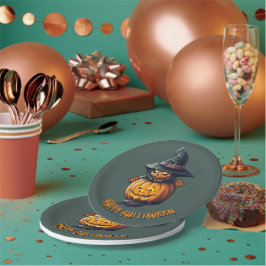 Kürbishexe im Katzenkostüm -  Pappteller