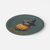 Kürbishexe im Katzenkostüm -  Pappteller (Schrägansicht)