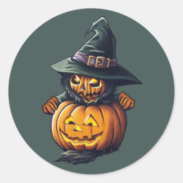 Kürbishexe im Katzenkostüm -  Runder Aufkleber