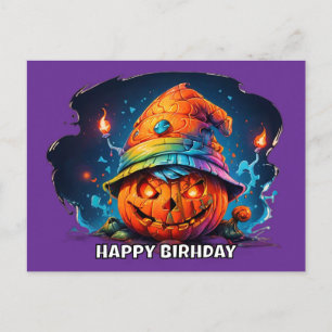 Kürbisjackolantern mit Geburtstagshut pyschedelisc Postkarte