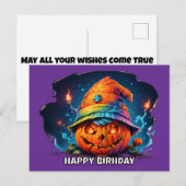Kürbisjackolantern mit Geburtstagshut pyschedelisc Postkarte (Vorne/Hinten)