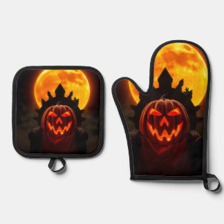 Kürbiskönig-Eclipse-Halloween-Ofenhandschuh-Set Ofenhandschuh & Topflappen-Set