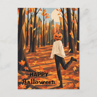 Kürbiskopf im herbstlichen Wald Halloween-Postkart Feiertagspostkarte