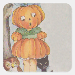 Kürbiskopf Jack O Lantern Schwarze Katze Eule Quadratischer Aufkleber