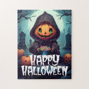 Kürbiskopf mit Süßigkeiten Frohes Halloween Puzzle