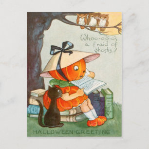 Kürbiskopf-Schwarze-Katze-Jack-O-Lantern-Kürbis Postkarte