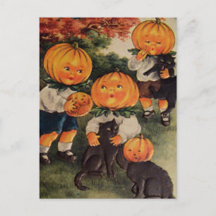 Kürbisköpfe Schwarze Katze (Vintage-Halloweenkarte Postkarte