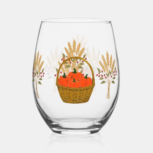 🎃 Kürbiskorb und Herbstweizen Weinglas Ohne Stiel (Vorderseite)