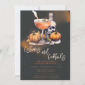 Kürbiskostümen und Cocktail Schwarzes Halloween Einladung (Vorderseite)