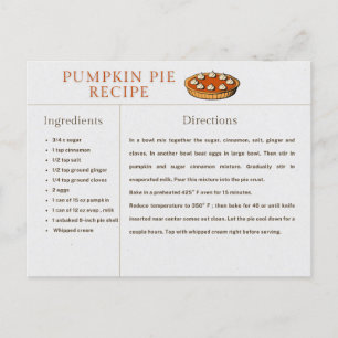 Kürbiskuchen-Rezeptkarte Thanksgiving und Weihnach Postkarte
