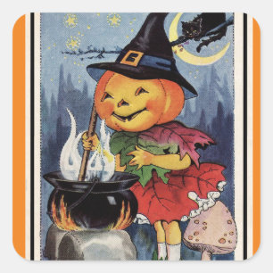 Kürbiskürbis-Hexen-Mädchen im Vintage-Halloween-St Quadratischer Aufkleber