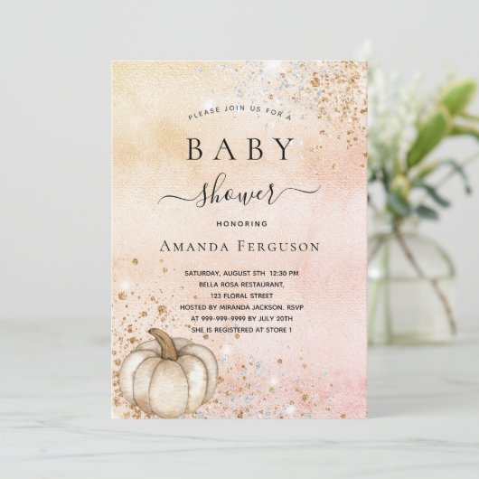 Kürbiskürbis Rose Goldfall Glitzer Einladung (Stehend Vorderseite)